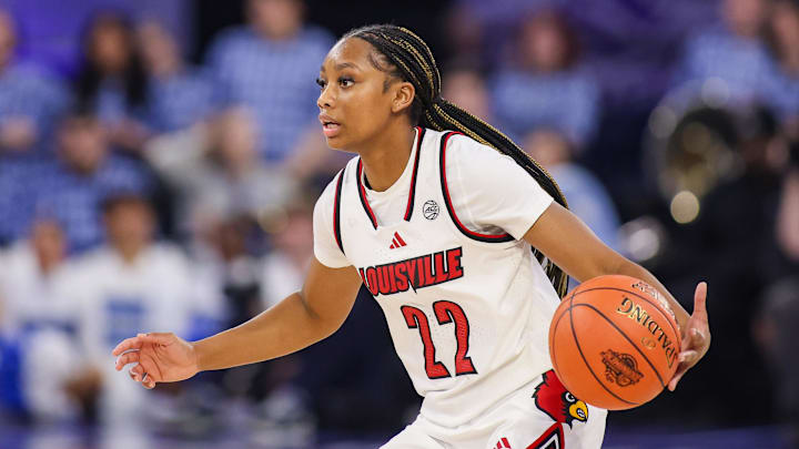 Mar 7, 2026; Duluth, GA, USA; Louisville Cardinals guard Tajianna Roberts (22) dribbles against the North Carolina Tar Heels in the third quarter at Gas South Arena. Mandatory Credit: Brett Davis-Imagn Images