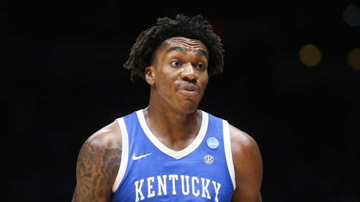 Kentucky Wildcats center Amari Williams (22) reacts to a foul call Friday, March 28, 2025, during the NCAA Tournament Sweet 16 game against the Tennessee Volunteers at Lucas Oil Stadium in Indianapolis. Kentucky Wildcats center Amari Williams (22) reacts to a foul call Friday, March 28, 2025, during the NCAA Tournament Sweet 16 game against the Tennessee Volunteers at Lucas Oil Stadium in Indianapolis.
