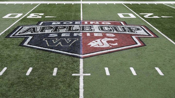 Nov 23, 2018; Pullman, WA, USA; This years Apple Cup logo is seen at Martin Stadium before a game between the Washington State Cougars and Washington State Cougars. Mandatory Credit: James Snook-Imagn Images