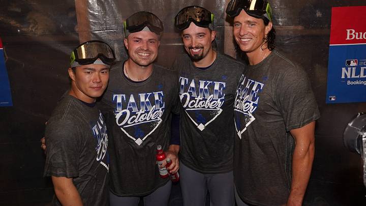 Oct 7, 2026; Cumberland, Georgia, USA; Left to right: Los Angeles Dodgers pitcher Yoshinobu Yamamoto (18), pitcher Tarik Skubal (29), pitcher Blake Snell (7), and pitcher Tyler Glasnow (31), celebrate in the locker room after defeating the Atlanta Braves in game four of the NLDS for the 2026 MLB Playoffs at Truist Park. Mandatory Credit: Dale Zanine-Imagn Images Oct 7, 2026; Cumberland, Georgia, USA; Left to right: Los Angeles Dodgers pitcher Yoshinobu Yamamoto (18), pitcher Tarik Skubal (29), pitcher Blake Snell (7), and pitcher Tyler Glasnow (31), celebrate in the locker room after defeating the Atlanta Braves in game four of the NLDS for the 2026 MLB Playoffs at Truist Park. Mandatory Credit: Dale Zanine-Imagn Images