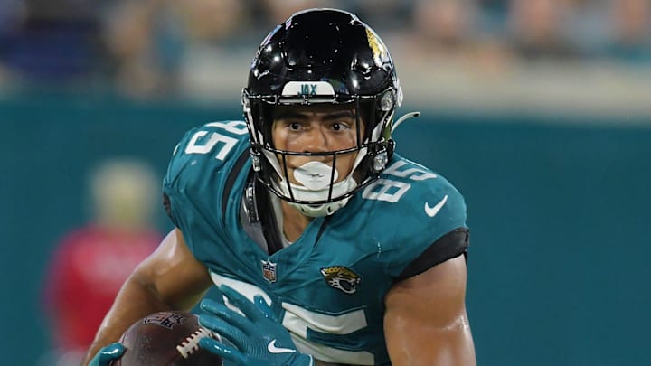 Jacksonville Jaguars tight end Brenton Strange (85) sprints to the sideline on a 7 yard pass play late in the second quarter. The Jaguars led 20 to 10 at the end of the first half. The Jacksonville Jaguars hosted the Kansas City Chiefs in the Jaguars first preseason game of the season Saturday, August10, 2024 at EverBank Stadium in Jacksonville, Fla. [Bob Self/Florida Times-Union]