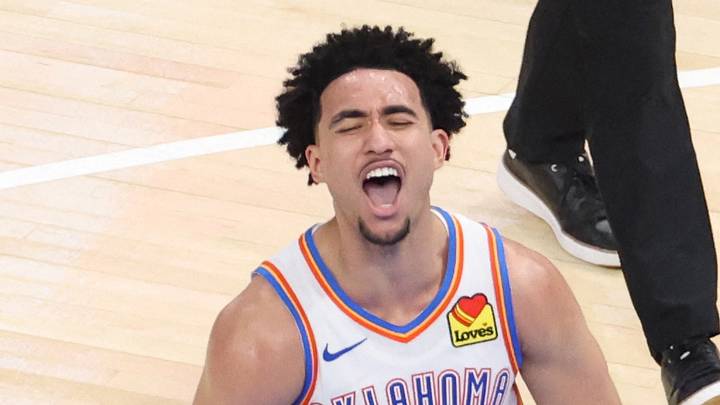 May 26, 2026; Oklahoma City, Oklahoma, USA; Oklahoma City Thunder guard Jared McCain (3) reacts after a basket during the fourth quarter against the San Antonio Spurs in game five of the western conference finals for the 2026 NBA playoffs at Paycom Center. Mandatory Credit: Brett Rojo-Imagn Images