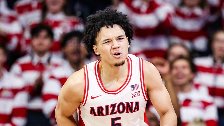 Arizona Wildcats guard Brayden Burries (5) reacts during the first half of the game against the Kansas State Wildcats at McKale Memorial Center on January 7, 2026.