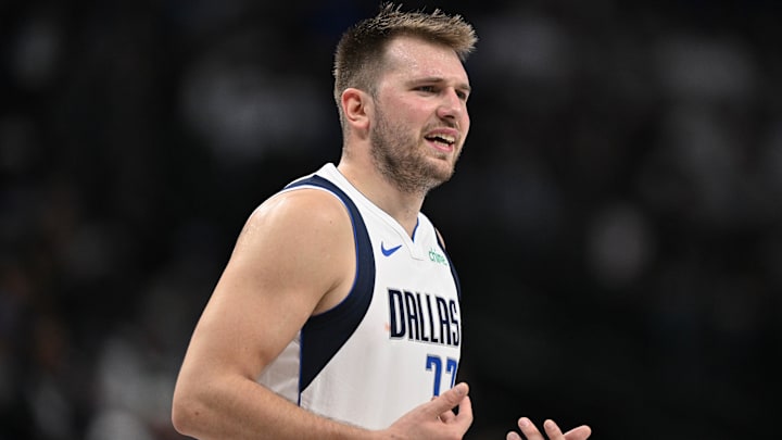 Nov 3, 2024; Dallas, Texas, USA; Dallas Mavericks guard Luka Doncic (77) reacts to receiving a technical foul during the second half against the Orlando Magic at the American Airlines Center. Mandatory Credit: Jerome Miron-Imagn Images