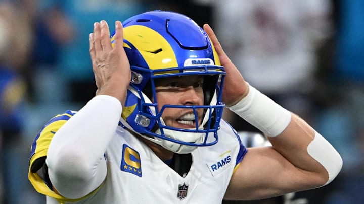 Jan 10, 2026; Charlotte, NC, USA; Los Angeles Rams quarterback Matthew Stafford (9) changes signals at the line in the first quarter in an NFC Wild Card Round game at Bank of America Stadium. Mandatory Credit: Bob Donnan-Imagn Images Jan 10, 2026; Charlotte, NC, USA; Los Angeles Rams quarterback Matthew Stafford (9) changes signals at the line in the first quarter in an NFC Wild Card Round game at Bank of America Stadium. Mandatory Credit: Bob Donnan-Imagn Images
