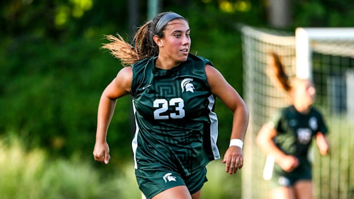 Michigan State's Bella Naiera moves the ball against Nebraska during the first half on Thursday, Sept. 19, 2024, at DeMartin Stadium in East Lansing.