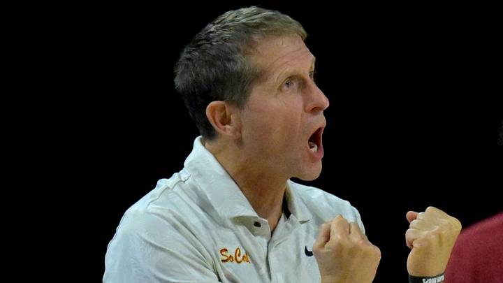 Dec 21, 2025; Los Angeles, California, USA; USC Trojans head coach Eric Musselman reacts in the first half against the UC Santa Cruz at Galen Center. Dec 21, 2025; Los Angeles, California, USA; USC Trojans head coach Eric Musselman reacts in the first half against the UC Santa Cruz at Galen Center.