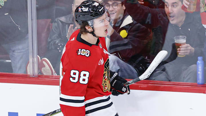 Nov 18, 2025; Chicago, Illinois, USA; Chicago Blackhawks center Connor Bedard (98) celebrates after scoring against the Calgary Flames during the third period at United Center. Mandatory Credit: Kamil Krzaczynski-Imagn Images Nov 18, 2025; Chicago, Illinois, USA; Chicago Blackhawks center Connor Bedard (98) celebrates after scoring against the Calgary Flames during the third period at United Center. Mandatory Credit: Kamil Krzaczynski-Imagn Images