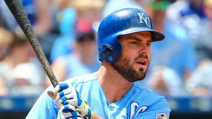 Former Kansas City Royals third baseman Mike Moustakas hits a ball during a game in 2018. Former Kansas City Royals third baseman Mike Moustakas hits a ball during a game in 2018.