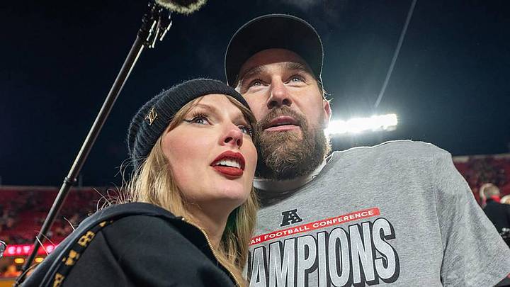 Taylor Swift, left, and Kansas City Chiefs tight end Travis Kelce walk off the field. Taylor Swift, left, and Kansas City Chiefs tight end Travis Kelce walk off the field.