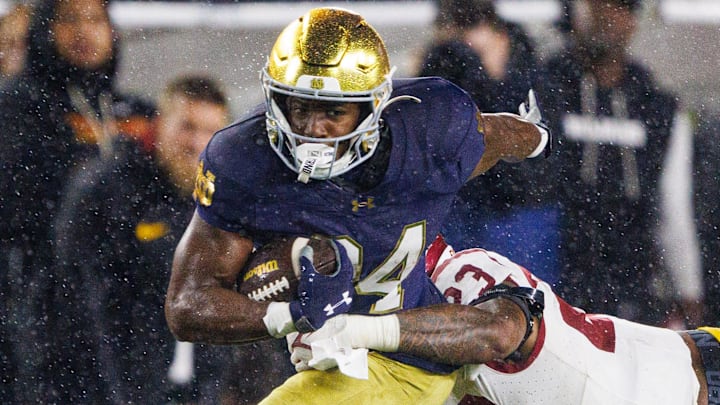 Southern California linebacker Desman Stephens II (23) tackles Notre Dame running back Jadarian Price in the second half of a NCAA football game at Notre Dame Stadium on Saturday, Oct. 18, 2025, in South Bend. Southern California linebacker Desman Stephens II (23) tackles Notre Dame running back Jadarian Price in the second half of a NCAA football game at Notre Dame Stadium on Saturday, Oct. 18, 2025, in South Bend.