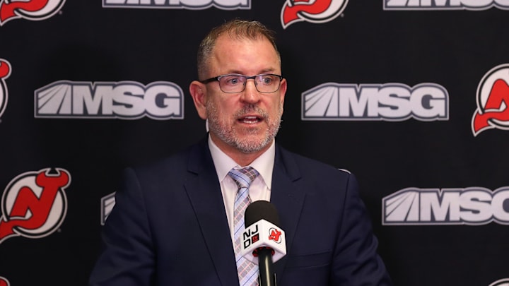 Nov 30, 2021; Newark, New Jersey, USA; New Jersey Devils executive vice president/general managerTom Fitzgerald, addresses the media about the contract extension of New Jersey Devils center Jack Hughes (86) before the start of the game against the San Jose Sharks at Prudential Center. Mandatory Credit: Tom Horak-Imagn Images