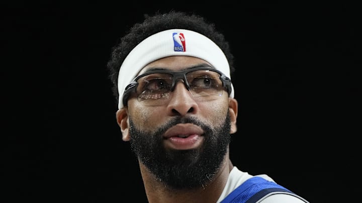 Dallas Mavericks forward Anthony Davis looks outward during the first half against the Los Angeles Lakers. Dallas Mavericks forward Anthony Davis looks outward during the first half against the Los Angeles Lakers.