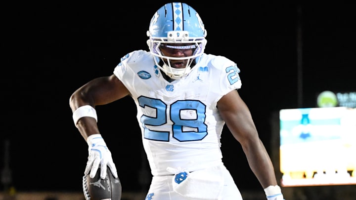 Oct 17, 2025; Berkeley, California, USA; North Carolina Tar Heels running back Benjamin Hall (28) celebrates his touchdown against the California Golden Bears in the first quarter at California Memorial Stadium. Mandatory Credit: Eakin Howard-Imagn Images