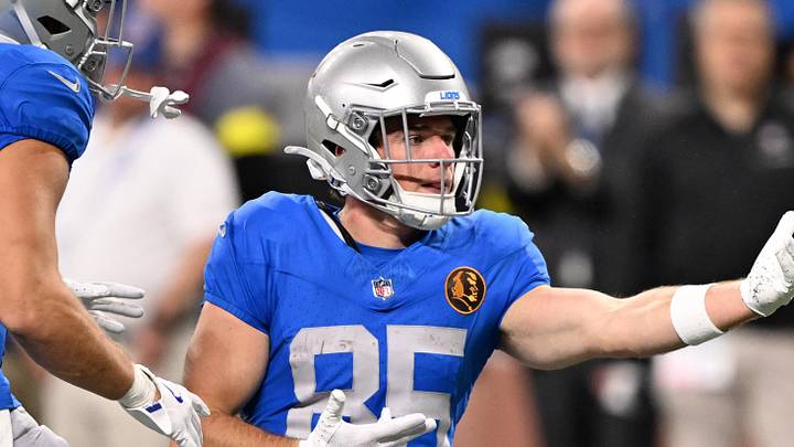 Nov 27, 2025; Detroit, Michigan, USA; Detroit Lions wide receiver Tom Kennedy (85) celebrates after a play against the Green Bay Packers during the second quarter at Ford Field. Mandatory Credit: Lon Horwedel-Imagn Images Nov 27, 2025; Detroit, Michigan, USA; Detroit Lions wide receiver Tom Kennedy (85) celebrates after a play against the Green Bay Packers during the second quarter at Ford Field. Mandatory Credit: Lon Horwedel-Imagn Images