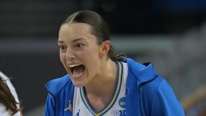 Mar 23, 2026; Los Angeles, CA, USA;  UCLA Bruins forward Angela Dugalic (32) reacts after a three point basket by UCLA Bruins guard Lena Bilic (9) in the first half against the Oklahoma State Cowboys at Pauley Pavilion. Mandatory Credit: Jayne Kamin-Oncea-Imagn Images