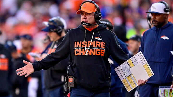 DENVER, CO - DECEMBER 21: Denver Broncos head coach Sean Payton looks on from the sideline in the first half during a game between the Jacksonville Jaguars and the Denver Broncos at Empower Field at Mile High on December 21, 2025 in Denver, Colorado. 