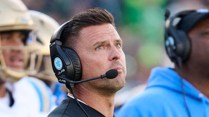 Oct 10, 2026; Eugene, Oregon, USA; UCLA Bruins head coach Bob Chesney watches a replay during the second half in a game against the Oregon Ducks at Autzen Stadium. Mandatory Credit: Troy Wayrynen-Imagn Images Oct 10, 2026; Eugene, Oregon, USA; UCLA Bruins head coach Bob Chesney watches a replay during the second half in a game against the Oregon Ducks at Autzen Stadium. Mandatory Credit: Troy Wayrynen-Imagn Images