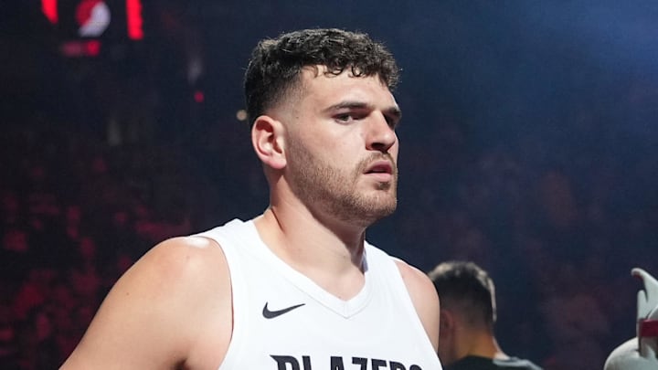 Portland Trail Blazers center Donovan Clingan is introduced before the game against the Minnesota Timberwolves.