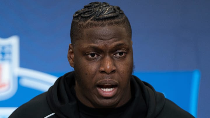 Feb 28, 2026; Indianapolis, IN, USA; Oregon offensive lineman Emmanuel Pregnon (OL40) speaks to members of the media during the NFL Combine at the Indiana Convention Center. Mandatory Credit: Jacob Musselman-Imagn Images