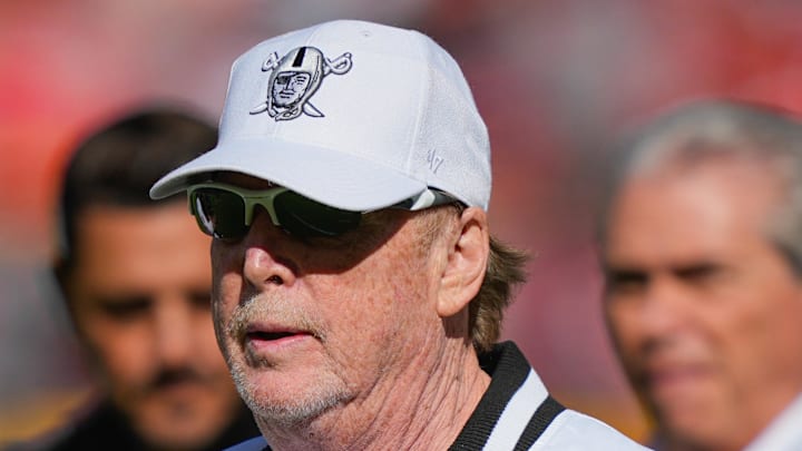 Oct 19, 2025; Kansas City, Missouri, USA; Las Vegas Raiders owner Mark Davis looks on prior to the game between the Kansas City Chiefs and the Las Vegas Raiders at GEHA Field at Arrowhead Stadium. Mandatory Credit: Jay Biggerstaff-Imagn Images