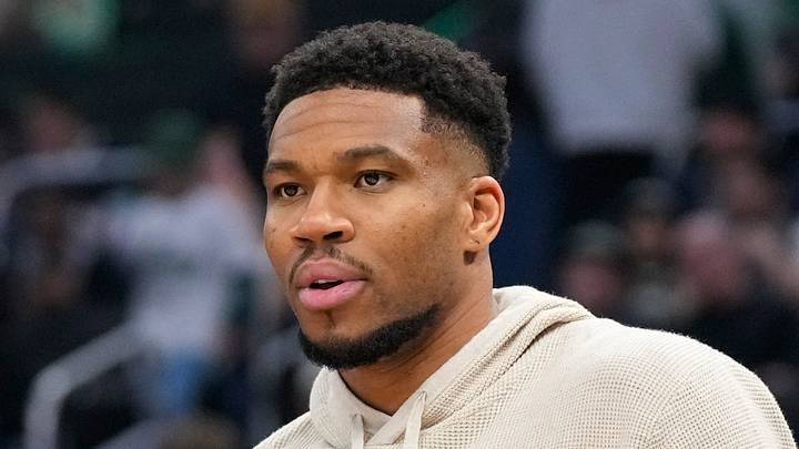 Apr 10, 2026; Milwaukee, Wisconsin, USA;  Milwaukee Bucks forward Giannis Antetokounmpo (34) looks on prior to the game against the Brooklyn Nets at Fiserv Forum. Mandatory Credit: Jeff Hanisch-Imagn Images