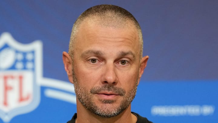 Feb 24, 2026; Indianapolis, IN, USA; Las Vegas Raiders general manager John Spytek speaks at the NFL Scouting Combine at the Indiana Convention Center. Mandatory Credit: Kirby Lee-Imagn Images
