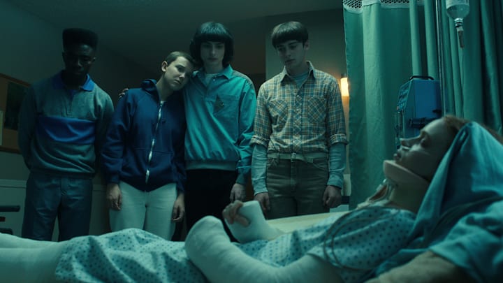 STRANGER THINGS. (L to R) Caleb McLaughlin as Lucas Sinclair, Millie Bobby Brown as Eleven, Finn Wolfhard as Mike Wheeler, Noah Schnapp as Will Byers, and Sadie Sink as Max Mayfield in STRANGER THINGS. Cr. Courtesy of Netflix © 2022