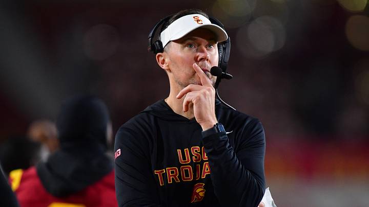 Nov 7, 2025; Los Angeles, California, USA; Southern California Trojans head coach Lincoln Riley watches game action against the Northwestern Wildcats during the second half at the Los Angeles Memorial Coliseum. Nov 7, 2025; Los Angeles, California, USA; Southern California Trojans head coach Lincoln Riley watches game action against the Northwestern Wildcats during the second half at the Los Angeles Memorial Coliseum.