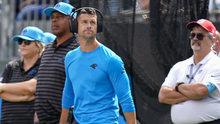 Canales on the sideline during the second half against the Los Angeles Chargers at Bank of America Stadium.