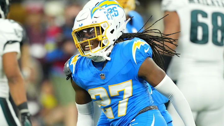 Dec 8, 2025; Inglewood, California, USA; Los Angeles Chargers safety RJ Mickens (27) reacts in the first half against the Philadelphia Eagles at SoFi Stadium. Mandatory Credit: Kirby Lee-Imagn Images