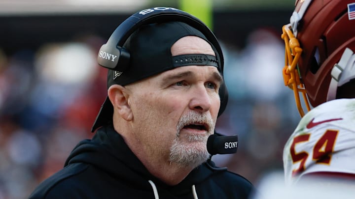 Dec 25, 2025; Landover, Maryland, USA;  Washington Commanders head coach Dan Quinn speaks to his players in the second half against the Dallas Cowboys at Northwest Stadium. Mandatory Credit: Amber Searls-Imagn Images