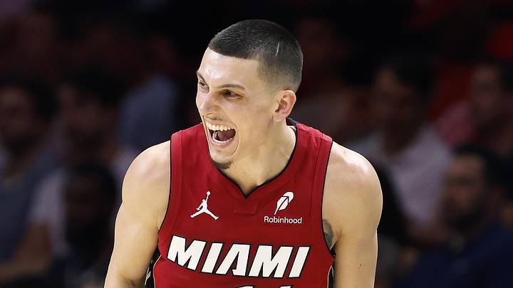 Mar 8, 2026; Miami, Florida, USA;  Miami Heat guard Tyler Herro (14) reacts against the Detroit Pistons during the second half at Kaseya Center. Mandatory Credit: Rhona Wise-Imagn Images