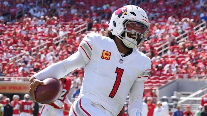 Oct 6, 2024; Santa Clara, California, USA; Arizona Cardinals quarterback Kyler Murray (1) runs for a touchdown against the San Francisco 49ers during the first quarter at Levi's Stadium. Mandatory Credit: Kelley L Cox-Imagn Images
