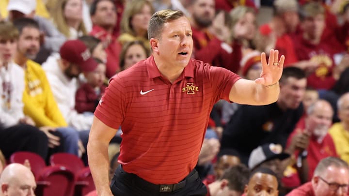 Dec 29, 2025; Ames, Iowa, USA; Iowa State Cyclones head coach T.J. Otzelberger watches his team play the Houston Christian Huskies during the second half at James H. Hilton Coliseum. Dec 29, 2025; Ames, Iowa, USA; Iowa State Cyclones head coach T.J. Otzelberger watches his team play the Houston Christian Huskies during the second half at James H. Hilton Coliseum.