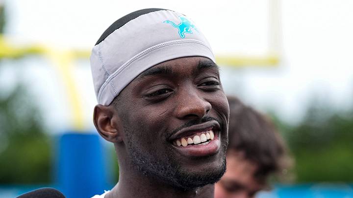 Detroit Lions cornerback Terrion Arnold speaks to media members after practice. Detroit Lions cornerback Terrion Arnold speaks to media members after practice.
