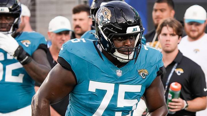 Jacksonville Jaguars guard Emmanuel Pregnon (75) runs a drill before the start of the game against the Carolina Panthers at EverBank Stadium in the second preseason game on Friday night, August 21, 2026 in Jacksonville, Fla. [Doug Engle/Florida Times-Union]