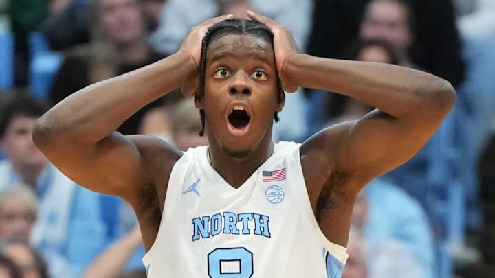 North Carolina Tar Heels forward Caleb Wilson (8) reacts in the second half at Dean E. Smith Center on January 21, 2026.