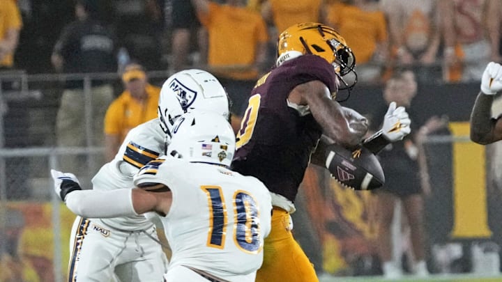 Arizona State Sun Devils wide receiver Jordyn Tyson (0) fumbles the ball during a football game against the Northern Arizona Lumberjacks at Mountain America Stadium in Tempe on Aug. 30, 2025.