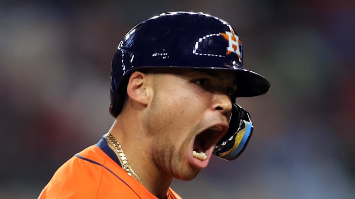 Sep 6, 2025; Arlington, Texas, USA; Houston Astros pinch hitter Cam Smith (11) reacts after reaching third base with a triple during the eighth inning against the Texas Rangers at Globe Life Field. Mandatory Credit: Tim Heitman-Imagn Images Sep 6, 2025; Arlington, Texas, USA; Houston Astros pinch hitter Cam Smith (11) reacts after reaching third base with a triple during the eighth inning against the Texas Rangers at Globe Life Field. Mandatory Credit: Tim Heitman-Imagn Images
