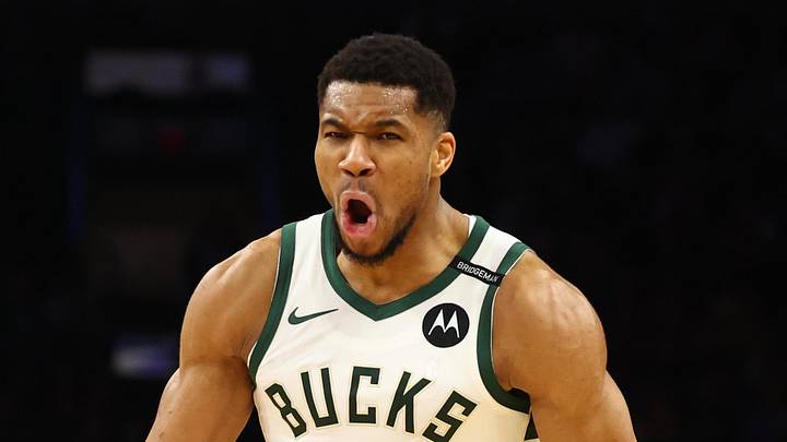 Milwaukee Bucks forward Giannis Antetokounmpo (34) celebrates a play against the Phoenix Suns at Footprint Center on March 24, 2025. Milwaukee Bucks forward Giannis Antetokounmpo (34) celebrates a play against the Phoenix Suns at Footprint Center on March 24, 2025.