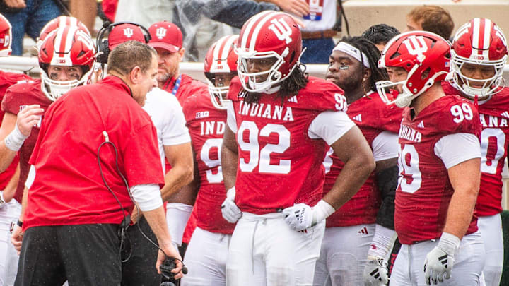 Indiana Head Coach Curt Cignetti talks to the defense during the Indiana versus Maryland football game at Memorial Stadium on Saturday, Sept. 28, 2024.