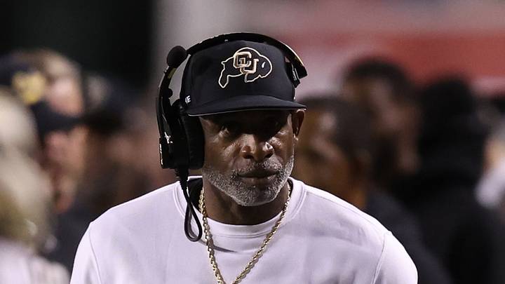 Oct 25, 2025; Salt Lake City, Utah, USA; Colorado Buffaloes head coach Deion Sanders looks on during a time out in the game against the Utah Utes during the second quarter at Rice-Eccles Stadium. Mandatory Credit: Rob Gray-Imagn Images