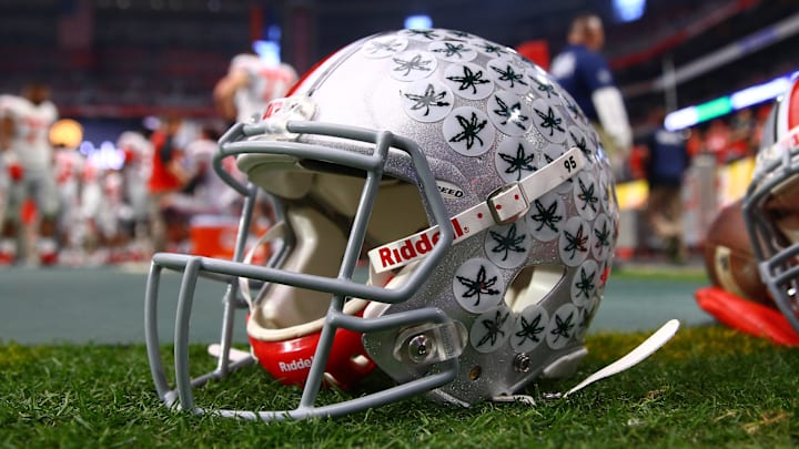Jan 1, 2016; Glendale, AZ, USA; Detailed view of an Ohio State Buckeyes helmet against the Notre Dame Fighting Irish during the 2016 Fiesta Bowl at University of Phoenix Stadium. Mandatory Credit: Mark J. Rebilas-Imagn Images