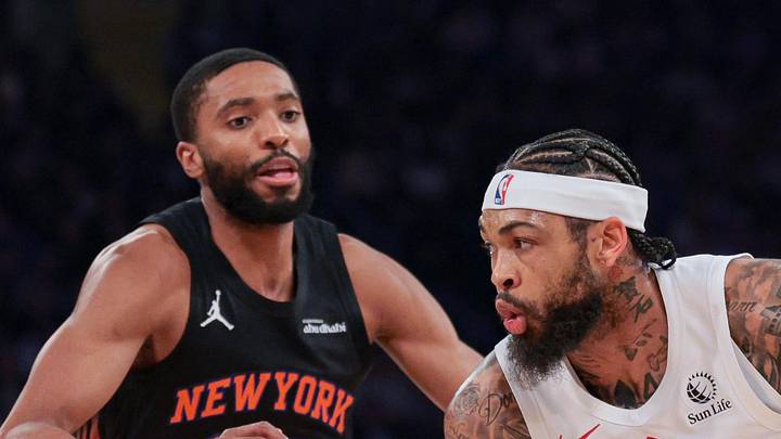 Toronto Raptors forward Brandon Ingram dribbles against New York Knicks guard Mikal Bridges. Toronto Raptors forward Brandon Ingram dribbles against New York Knicks guard Mikal Bridges.