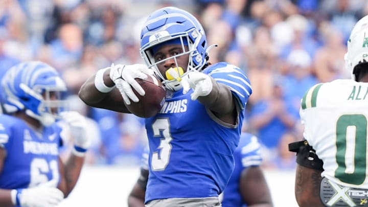 Memphis' Roc Taylor (3) points down the field after making a catch during the game between Charlotte and the University of Memphis at Simmons Bank Liberty Stadium on Saturday, October 26, 2024.