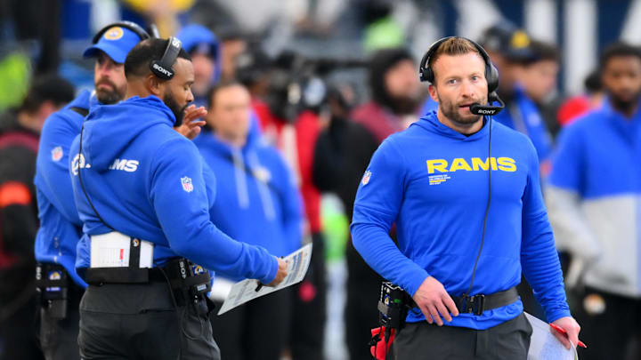 Jan 25, 2026; Seattle, WA, USA; Los Angeles Rams head coach Sean McVay looks on during the first half against the Seattle Seahawks in the 2026 NFC Championship Game at Lumen Field. Mandatory Credit: Steven Bisig-Imagn Images
