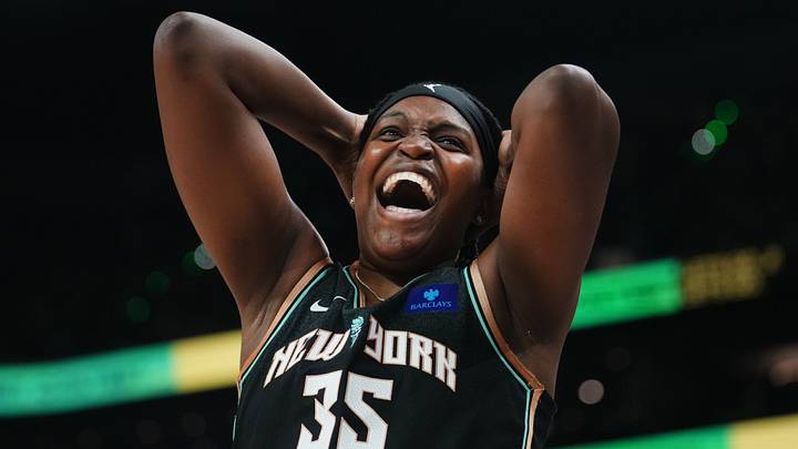 New York Liberty center Jonquel Jones reacts to missing her last shot during the WNBA All-Star Game 3-point contest at Footprint Center in Phoenix on Friday, July 19, 2024.