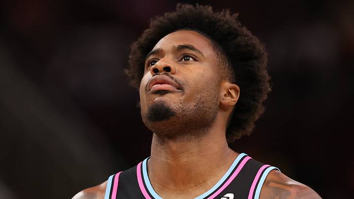 Miami Heat guard Davion Mitchell (45) reacts (Mandatory Credit: Thomas Shea-Imagn Images)
