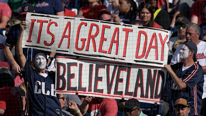 Oct 2, 2025; Cleveland, Ohio, USA; Cleveland Guardians fans in the second inning against the Detroit Tigers during game three of the Wildcard round for the 2025 MLB playoffs at Progressive Field. Mandatory Credit: Ken Blaze-Imagn Images